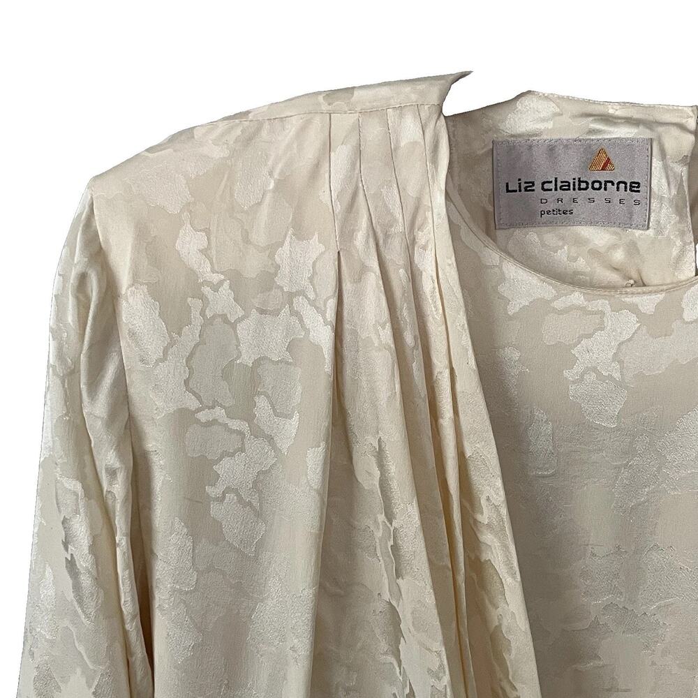 Vintage 80s Liz Claiborne Silk Dress 8 P Pale Yellow Jacquard Floral Faux Wrap - Picture 7 of 16